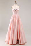 Vestido largo de fiesta con corsé de satén A Line A rosa con cuentas