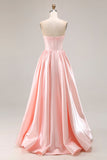 Vestido largo de fiesta con corsé de satén A Line A rosa con cuentas