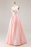 Vestido largo de fiesta con corsé de satén A Line A rosa con cuentas