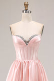 Vestido largo de fiesta con corsé de satén A Line A rosa con cuentas