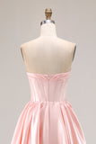 Vestido largo de fiesta con corsé de satén A Line A rosa con cuentas