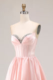 Vestido largo de fiesta con corsé de satén A Line A rosa con cuentas