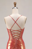 Vestido largo de fiesta con cuentas de sirena en naranja metálico y fruncido con abertura