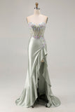 Corsé de aplique de novia Dusty Sage con lentejuelas de sirena y lentejuelas Vestido largo de fiesta con abertura de volantes