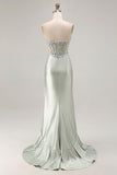 Corsé de aplique de novia Dusty Sage con lentejuelas de sirena y lentejuelas Vestido largo de fiesta con abertura de volantes
