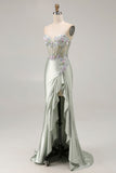 Corsé de aplique de novia Dusty Sage con lentejuelas de sirena y lentejuelas Vestido largo de fiesta con abertura de volantes