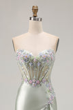 Corsé de aplique de novia Dusty Sage con lentejuelas de sirena y lentejuelas Vestido largo de fiesta con abertura de volantes