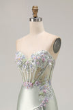 Corsé de aplique de novia Dusty Sage con lentejuelas de sirena y lentejuelas Vestido largo de fiesta con abertura de volantes