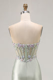Corsé de aplique de novia Dusty Sage con lentejuelas de sirena y lentejuelas Vestido largo de fiesta con abertura de volantes