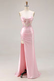 Vestido largo de fiesta con lentejuelas y lentejuelas de sirena sin tirantes rosa con abertura