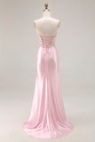 Vestido largo de fiesta con lentejuelas y lentejuelas de sirena sin tirantes rosa con abertura