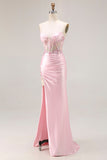 Vestido largo de fiesta con lentejuelas y lentejuelas de sirena sin tirantes rosa con abertura