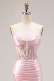Vestido largo de fiesta con lentejuelas y lentejuelas de sirena sin tirantes rosa con abertura