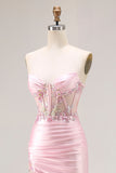 Vestido largo de fiesta con lentejuelas y lentejuelas de sirena sin tirantes rosa con abertura