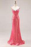 Vestido largo de baile con corsé plisado de sirena de sandía con purpurina y cuentas