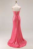 Vestido largo de baile con corsé plisado de sirena de sandía con purpurina y cuentas