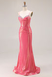Vestido largo de baile con corsé plisado de sirena de sandía con purpurina y cuentas
