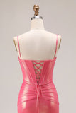 Vestido largo de baile con corsé plisado de sirena de sandía con purpurina y cuentas
