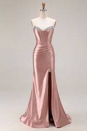 Vestido largo de fiesta con corsé de cuentas sin tirantes de sirena Dusty Rose con abertura