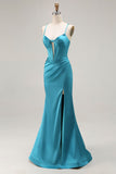Vestido largo de fiesta de satén con recortes de sirena y corsé azul pavo real con abertura