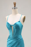 Vestido largo de fiesta de satén con recortes de sirena y corsé azul pavo real con abertura