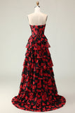 Vestido largo de baile con corsé de novia en línea A con flores rojas negras y abertura
