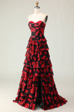 Vestido largo de baile con corsé de novia en línea A con flores rojas negras y abertura