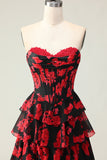 Vestido largo de baile con corsé de novia en línea A con flores rojas negras y abertura