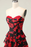 Vestido largo de baile con corsé de novia en línea A con flores rojas negras y abertura