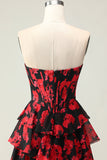 Vestido largo de baile con corsé de novia en línea A con flores rojas negras y abertura