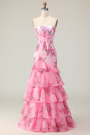 Vestido largo de fiesta de sirena sin tirantes con volantes