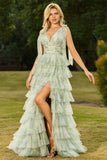 Vestido de graduación largo de tul largo con volantes y volantes verdes, con abertura