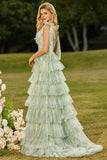 Vestido de graduación largo de tul largo con volantes y volantes verdes, con abertura