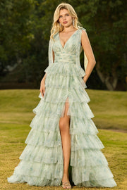 Vestido de graduación largo de tul largo con volantes y volantes verdes, con abertura