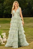 Vestido de graduación largo de tul largo con volantes y volantes verdes, con abertura