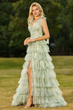 Vestido de graduación largo de tul largo con volantes y volantes verdes, con abertura