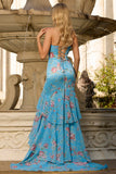 Vestido largo de graduación con volantes y sirena floral azul