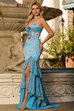 Vestido largo de baile de sirena floral azul con volantes y abertura