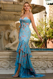 Vestido largo de baile de sirena floral azul con volantes y abertura
