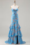 Vestido largo de graduación con volantes y sirena floral azul