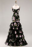 Vestido largo de graduación con flores negras rosadas y sirena, lentejuelas, con encaje en la espalda