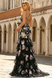 Vestido largo de graduación con flores negras rosadas y sirena, lentejuelas, con encaje en la espalda