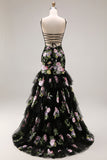 Vestido largo de graduación con flores negras rosadas y sirena, lentejuelas, con encaje en la espalda
