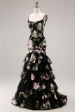 Vestido largo de graduación con flores negras rosadas y sirena, lentejuelas, con encaje en la espalda