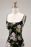 Vestido largo de graduación con flores negras rosadas y sirena, lentejuelas, con encaje en la espalda
