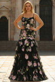 Vestido largo de graduación de talla grande con volantes y flor negra rosa sirena con volantes y cordones en la espalda