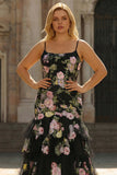Vestido largo de graduación de talla grande con volantes y flor negra rosa sirena con volantes y cordones en la espalda
