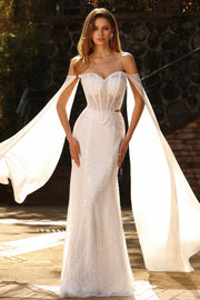 Vestido largo de baile de fin de curso con capa, sirena con cuentas blancas y lentejuelas,