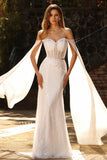 Vestido largo de baile de fin de curso con capa, sirena con cuentas blancas y lentejuelas,