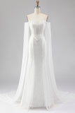Vestido largo de baile de fin de curso con capa, sirena con cuentas blancas y lentejuelas,